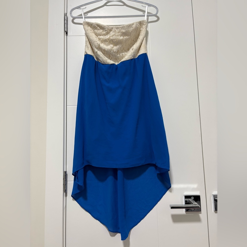 Kismet Strapless Blue and Cream High-Low Dress